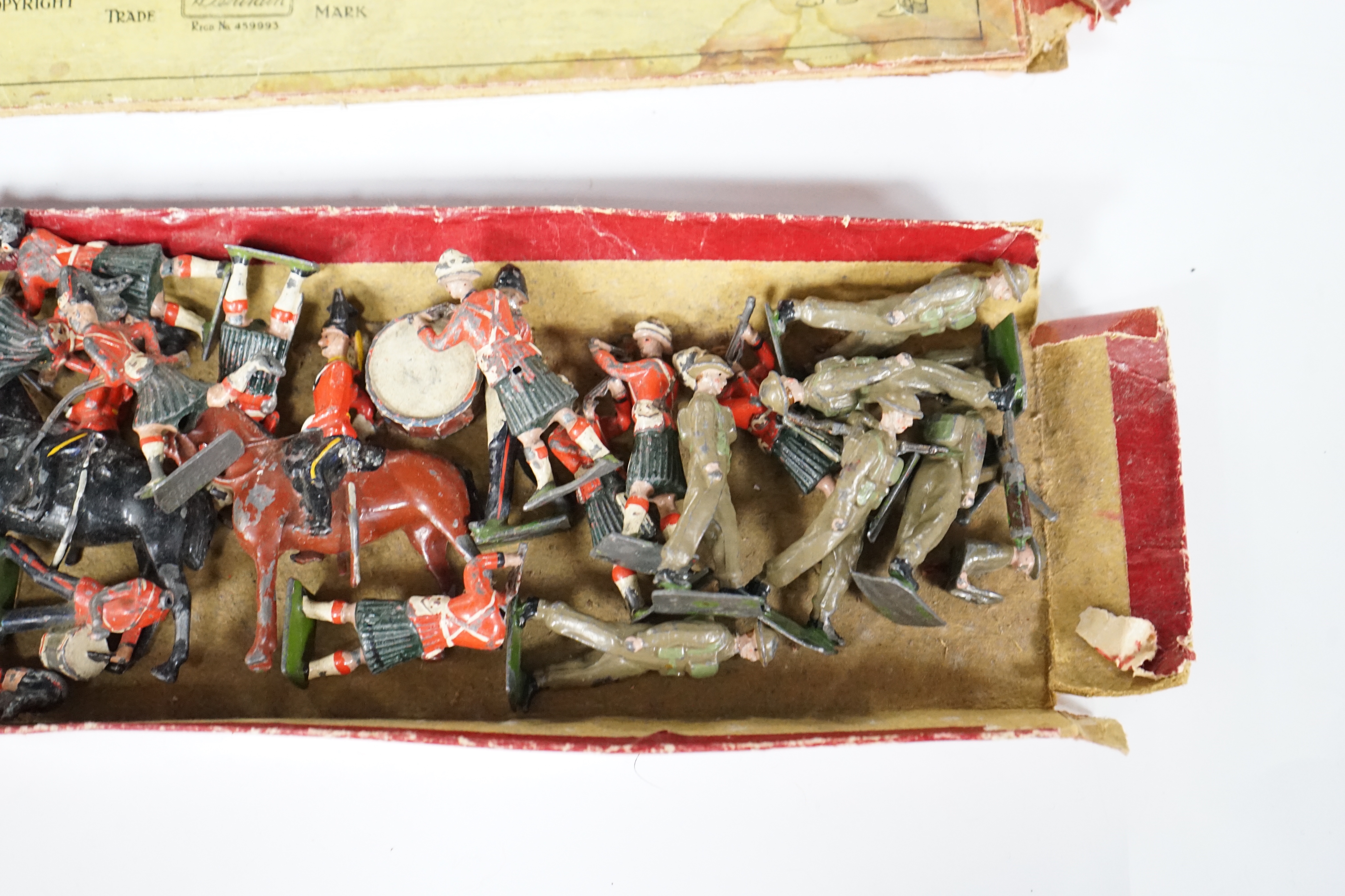 Britain's soldiers from set 1858, British Infantry in Battle Dress with original box, and Scottish Highlanders and mounted Lancers